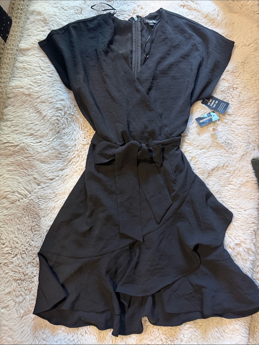 Express Black Wrap Ruffle Tie-Front Mini Dress
